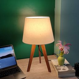 Crosscut Furniture Premium Wooden LED Bed Side Table Lamp (Brown With White)-27
