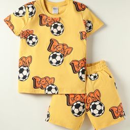 Taeko Single Jersey Knit Half Sleeves T-Shirt & Shorts Co-ord Set with Football Print - Yellow-image-27