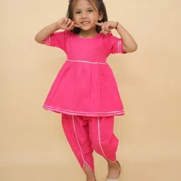 Little Ginnie Cotton Woven Half Sleeves Gota Lace Embellished Kurta Dhoti Set - Pink-picture-13