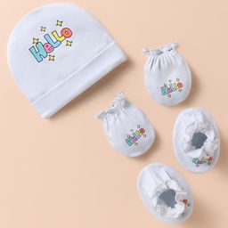 Bubble Pop Cotton Knit Cap Mitten & Booties Set With Text Print White - Diameter 10 cm-27