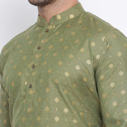 NAMASKAR Men Green & Gold Printed Dupion Silk Kurta with Pyjamas image 2