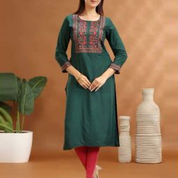 Cotton Culture Green Regular Fit Embroidered Kurtas-48