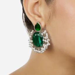 Zaveri Pearls Green Dazzling Stones Cluster Beads Silver Plated Fusion Drop Earrings-ZPFK18013-8