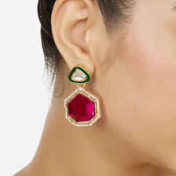 Zaveri Pearls Pink Stone Green Meenakari Austrian Diamonds Embellished Drop Earrings-ZPFK18069-0