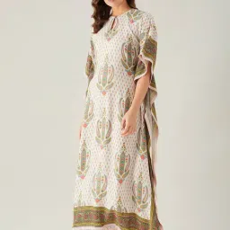 The Kaftan Company White & Green Printed Kaftan Nighty-picture-37