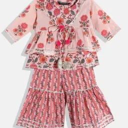 READIPRINT FASHIONS Kids Peach Floral Print Kurta, Jacket with Sharara-image-27