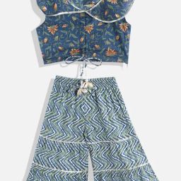 READIPRINT FASHIONS Kids Blue & White Floral Print Top with Sharara-image-85