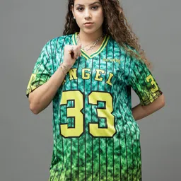 GO DEVIL Women Varsity Printed V-Neck Oversized T-shirt-image-89
