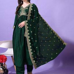 KALINI Floral Yoke Design V-Neck Thread Work Anarkali Kurta With Palazzos And Dupatta-picture-18