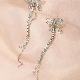 KRENOZ Silver-Plated Rhinestone Studded Bow Design Drop Earrings-7