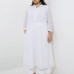 Diza by Westside White Schiffli Embroidered Cotton A-Line Cotton Kurta-image-92