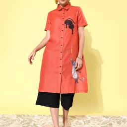 StyleStone Red & Black Quirky Printed Lose Shirt With Culottes image 1