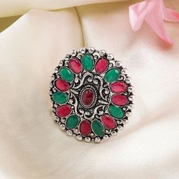 Sangria German Silver-Plated Circular Shape Oxidised Adjustable Finger Ring-53