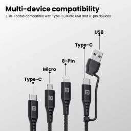 Balck Portronics Konnect J9 3-in-1 USB cable has Type-C, Micro USB and 8-pin image 4