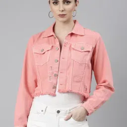SHOWOFF Coral Regular Fit Crop Denim Jacket-image-10