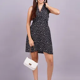 JC4U Floral Print Halter Neck Crepe Fit & Flare Dress-image-7
