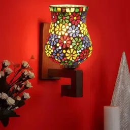 Devansh White & Blue Textured Wood Traditional Abstract Shaped Shaped Wall Lamp-29