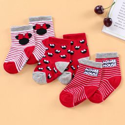 Cute Walk by Babyhug Cotton Blend Ankle Length Antibacterial Socks Minnie Mouse Design Pack of 3 - Red-image-51