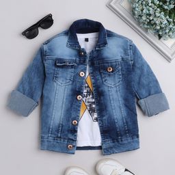 Ministitch Full Sleeves Washed Denim Jacket With Half Sleeves Text Printed T Shirt - White And Blue-image-46