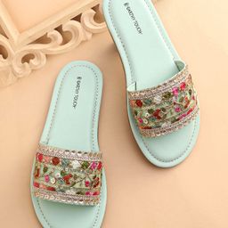 Earthy Touch Slip On Ethnic Wear Embroidered Mojaris Embellished with Sequins - Pista Green-image-69
