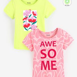 Honeyhap Premium100% Cotton Half Sleeves Bio Washed Floral & Text Print T-Shirt Pack of 2 - Sunny Lime & First Blush-image-25