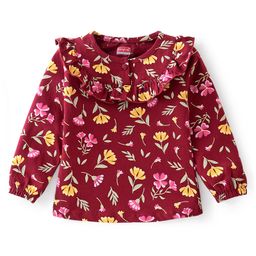 Babyhug 100% Cotton Knit Full Sleeves Top With Frill Detailing Floral Print - Maroon-image-66