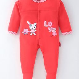 Child World Cotton Interlock Full Sleeves Text & Bunny Patch Footed Sleep Suit - Red-picture-34