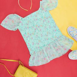 Pantaloons Junior Half Sleeves Seamless Floral Printed & Smock Detailed Top - Mint Green-image-69