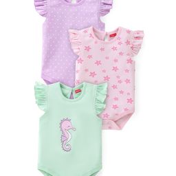 Babyhug 100% Cotton Half Sleeves Onesie With Sea Life Print Pack Of 3 - Purple Pink & Green-image-85