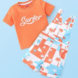 Babyhug 100% Cotton Knit Dungarees With Half Sleeves T-Shirt Text & Tropical Print - Orange & White-image-47