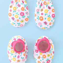 Babyhug 100% Cotton Mittens & Booties Set Floral Print - Multicolour-image-54