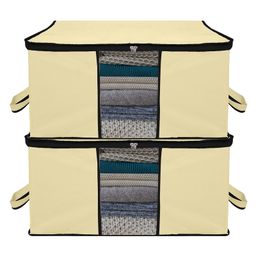 Kuber Industries Underbed Storage Bag   Clothes Storage Organizer  Blanket Cover with Clear Window  Zipper Closure & Handle Cloth Organizer  Plain Black Border  Large  Pack of 2  Cream-30
