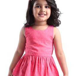 Babyhug Cotton Dobby Woven Sleeveless A-Line Top With Polka Dot Print and Bow Detailing - Pink-29