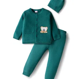 Babyhug Cotton Knit Full Sleeves Front Open Sweater Set with Bear Patch & Cap - Teal Blue-picture-12