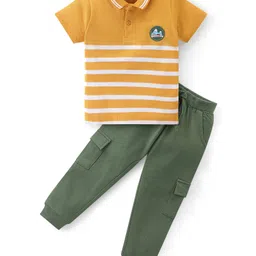 Babyhug Single Jersey Knit Half Sleeves Striped Polo T-Shirt & Pant Set - Yellow & Green-picture-30