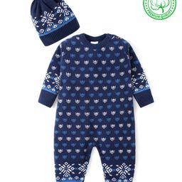 Babyhug Cotton Knit Full Sleeves Winter Wear Romper with Cap Floral Intarsia Design  - Navy Blue-image-28