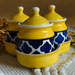 Niyara Multipurpose Storage Ceramic Pickle set Jars & with Lid & tray (Set of 3, 300 ML) (Blue)-1