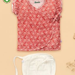 Pranava 100% Organic Cotton Sleeveless Geometric Printed Jhabla & Nappy Set   Maroon-image-1