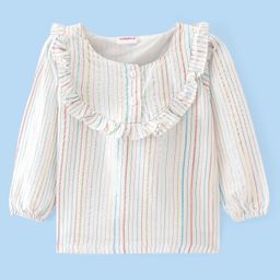 Babyhug Cotton Knit Full Sleeves Striped Top with Frill Detailing - White-image-91