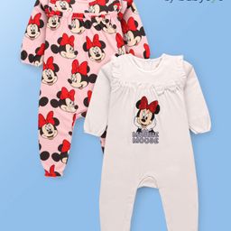 Babyoye Disney Interlock Knit Full Sleeves Rompers With Minnie Mouse Graphics & Bow Applique Pack of 2 - Pink & White-image-55