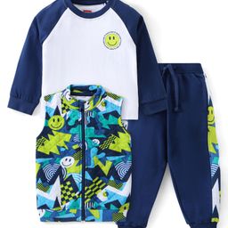 Babyhug Terry Knit Raglan Full Sleeves T-Shirt & Pant Set with Jacket Emoji Print - Navy Blue-image-61