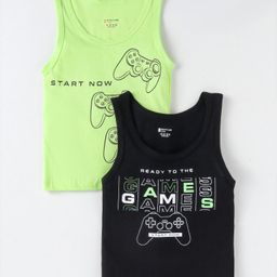 Bodycare Cotton Knit Sleeveless Vests With Text Print Pack of 2 - Black & Lime Green-image-89