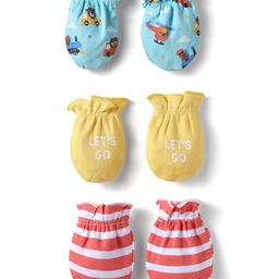 Babyhug 100% Cotton Mittens With Vehicles Text Print & Stripes Pack of 3 - Light Blue Red & Yellow-12
