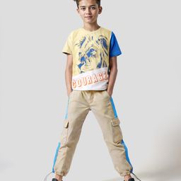 Ollington St. 100% Cotton Knit Half Sleeves T-Shirt With Print & Cargo Joggers - Beige & Brown-image-32