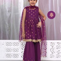 Little Bansi 100% Cotton Sleeveless Floral Embroidery Frock Style Kurta With Coordinating Sharara & Dupatta Set - Purple-picture-33
