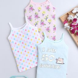 Bumzee Cotton Knit Singlet Sleeves Floral & Polka Dot Printed Slips Pack of 3 - White Light Blue & Pink-image-29