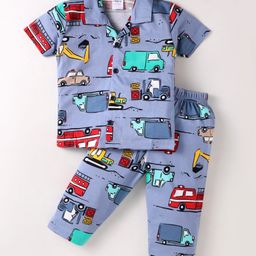 Ollypop Sinker Knit Half Sleeves Co-ords Night Suit with VehiclePrint - Blue-image-79
