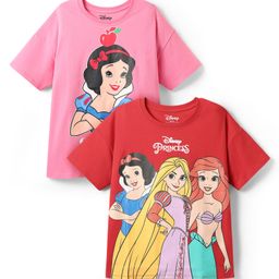 HoneyHap Disney Single Jersey Knit Half Drop Shoulder Sleeves Oversized T-Shirts with Disney Princess Graphics Pack of 2 - Red & Pink-image-73