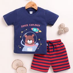 BUMZEE Cotton Half Sleeves Space Theme Printed Striped Tee & Shorts Set - Navy Blue & Red-image-2