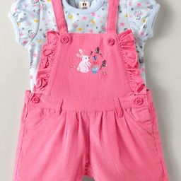 ToffyHouse Woven Dungaree & Half Sleeves Inner Tee With Rabbit Embroidery & Floral Print - Pink & White-image-37